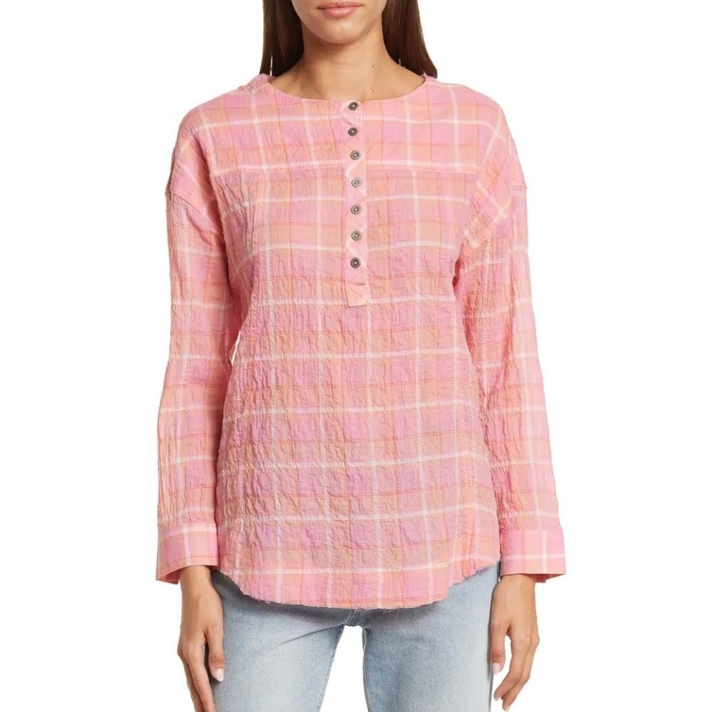 NEW Beachlunchlounge Hibicus Tea Pink Plaid Crinkled Long Sleeve Blouse P1338